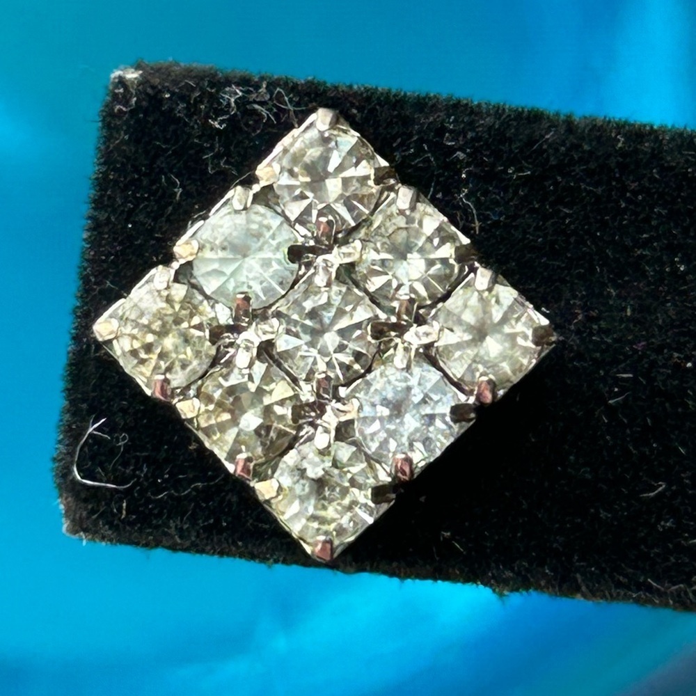 Vintage Square Rhinestone Silver Toned Pierced Earrings - Picture 3 of 7